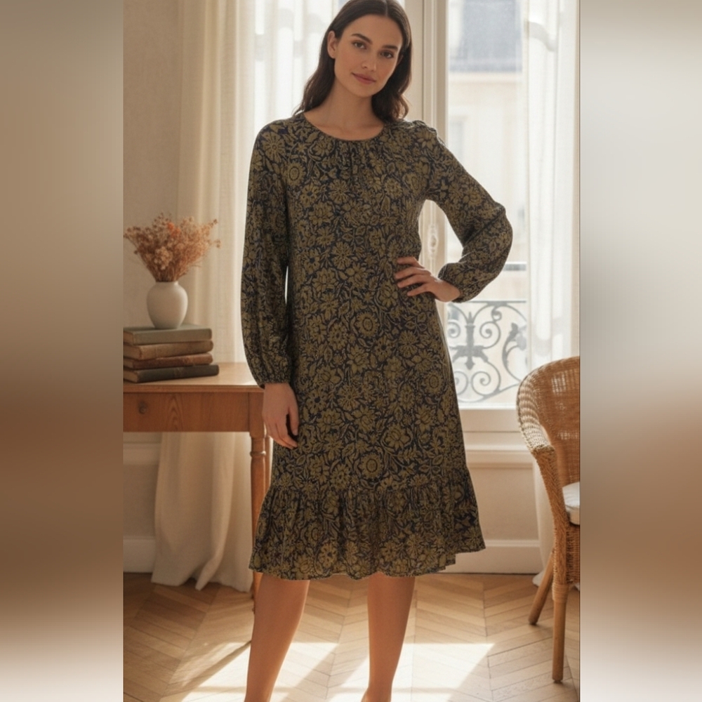 Boden Dress Women's 4 Green Floral Long Sleeve Jersey Knit